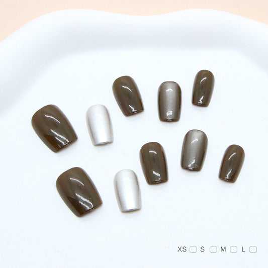 Elegant Earthy Charm Short Square Shaped Brown and Silver Gradient Press on Nail Set
