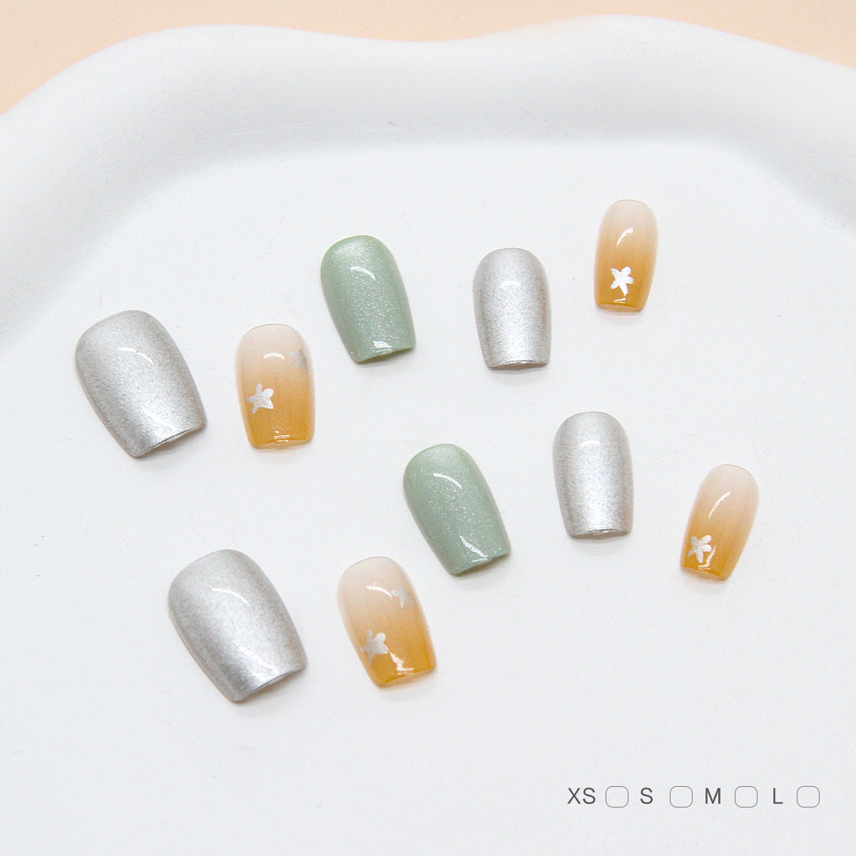 Enchanting Garden Dream Press On Nail Set in Medium Square Shaped Shimmering Silver and Soft Green with Delicate Floral Accents