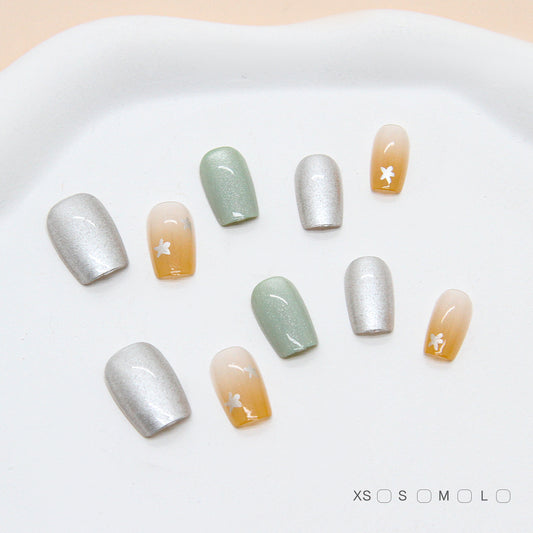 Enchanting Garden Dream Press On Nail Set in Medium Square Shaped Shimmering Silver and Soft Green with Delicate Floral Accents