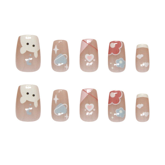 Whimsical Dreamscape Classic Short Square Pastel Design with Charming Illustrations Press-on Nail Set