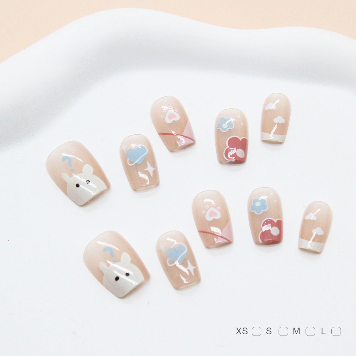 Whimsical Dreamland Short Square Beige Press On Nail Set with Cute Cloud and Animal Designs