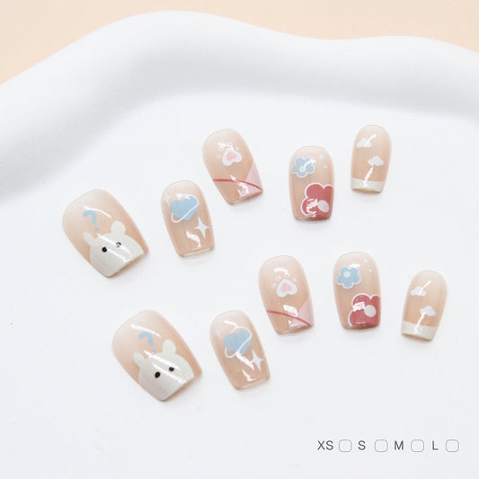 Whimsical Dreamland Short Square Beige Press On Nail Set with Cute Cloud and Animal Designs