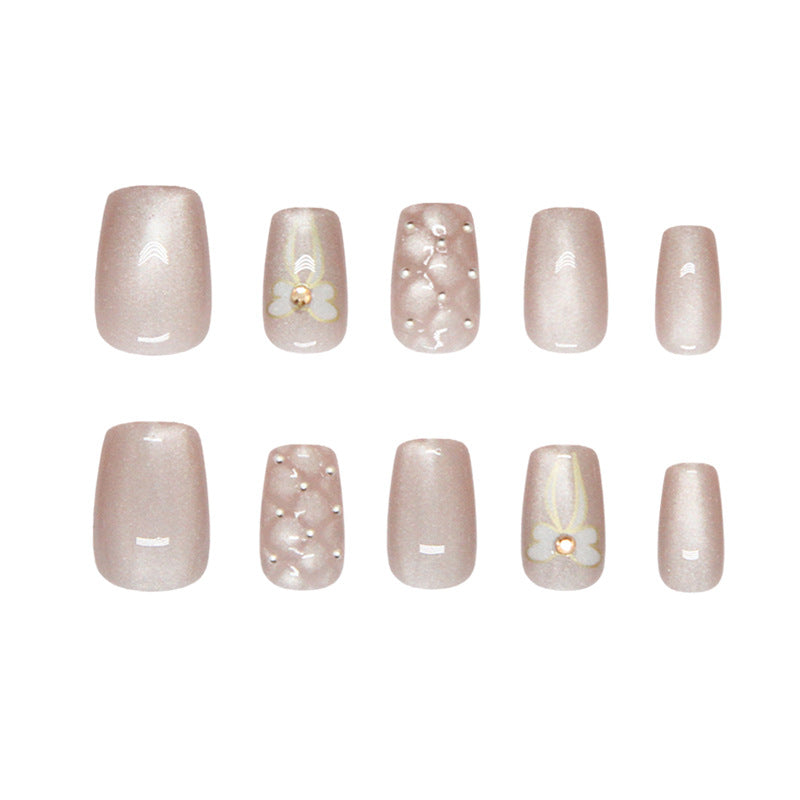 Chic Elegance Short Square Beige Press On Nail Set with Floral and Gemstone Accents