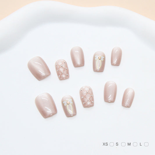 Whimsical Blossom Perfect Length Short Square Beige Floral Accent Press-On Nail Set