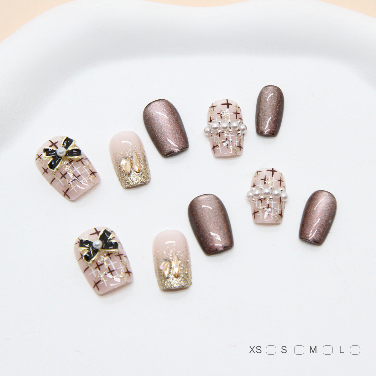 Elegant Evening Glamour Short Squoval Shimmery Brown and Pink with Pearl and Bow Detail Press On Nail Set