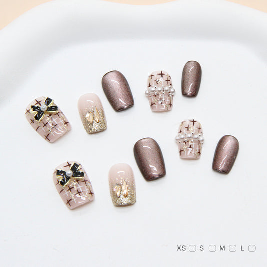 Elegant Evening Glamour Short Squoval Shimmery Brown and Pink with Pearl and Bow Detail Press On Nail Set