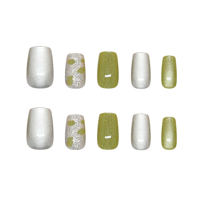 Garden Dream Press-On Nail Set in Short Square Green and Shimmering Silver with Unique Glitter Accents