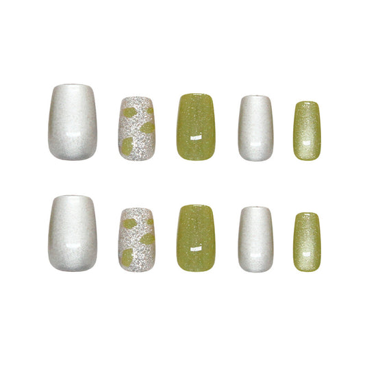 Garden Dream Press-On Nail Set in Short Square Green and Shimmering Silver with Unique Glitter Accents