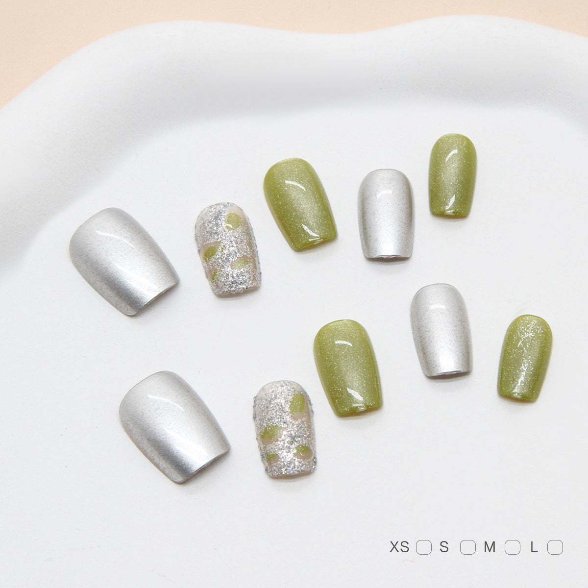 Chic Botanical Elegance Short Square Glittering Silver and Green Press-On Nail Set