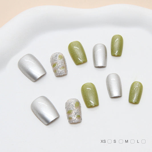 Chic Botanical Elegance Short Square Glittering Silver and Green Press-On Nail Set