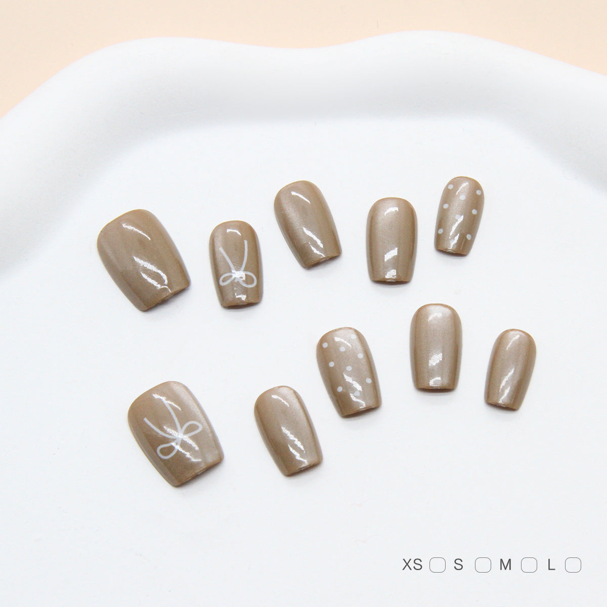 Chic Earthy Glam Matte Short Square Shaped Taupe Press On Nail Set with Elegant White Designs