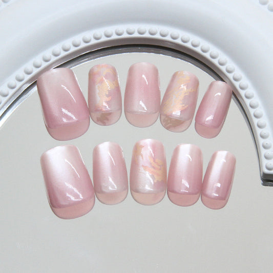 Blossom Dream Press On Nail Set Short Square Soft Pink Iridescent Finish