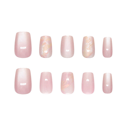 Whimsical Elegance Short Square Soft Pink Color Dreamy Marble Finish Press On Nail Set