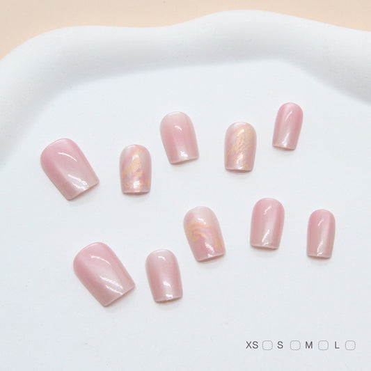 Ethereal Elegance Short Square Blush Pink With Iridescent Swirls Press On Nail Set