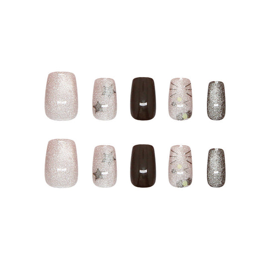 Glamorous Touch Square Short Length Sparkling Pink and Black Press On Nail Set with Unique Marble Design