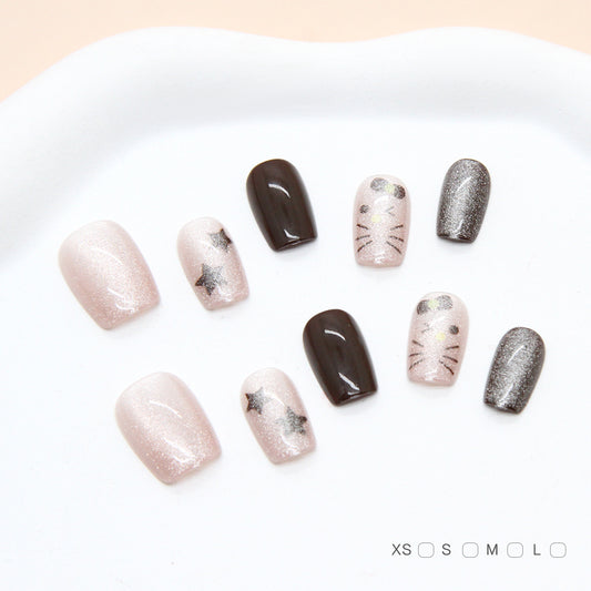 Whimsical Night Sky Short Square Pink and Brown Press-On Nail Set with Sparkling Star and Cat Designs