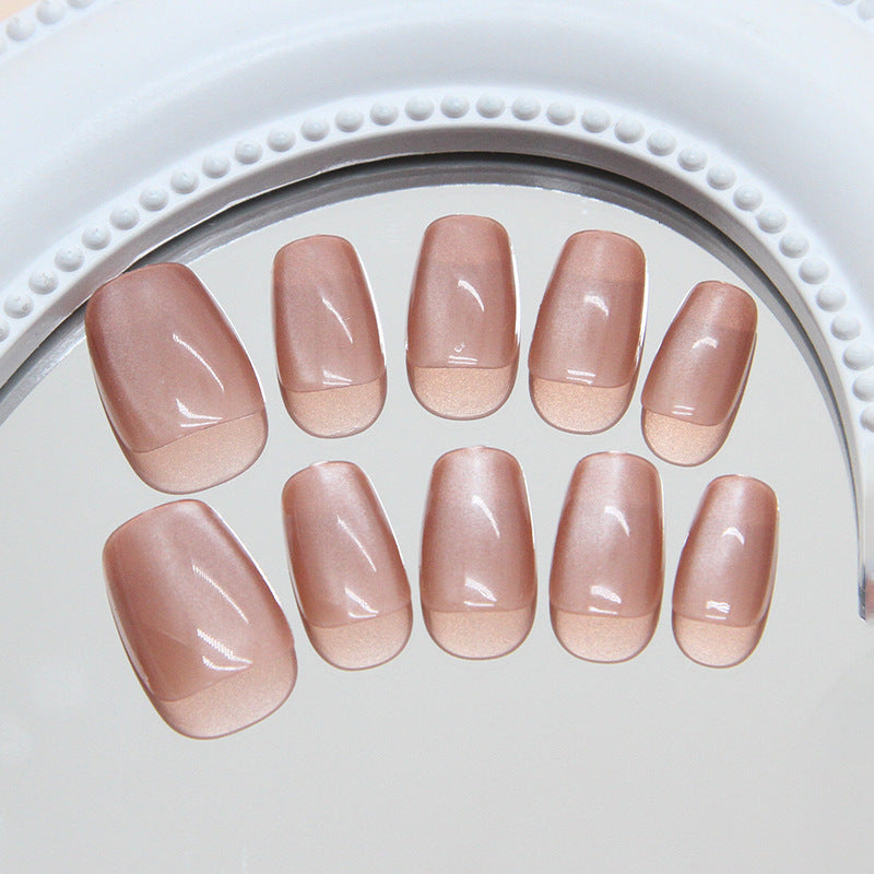 Elegant Bliss Beige Short Square Shaped Press On Nail Set with Iridescent Finish