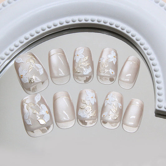 Blossoming Elegance Short Square Shaped Soft Beige Press On Nail Set with Exquisite Floral Designs