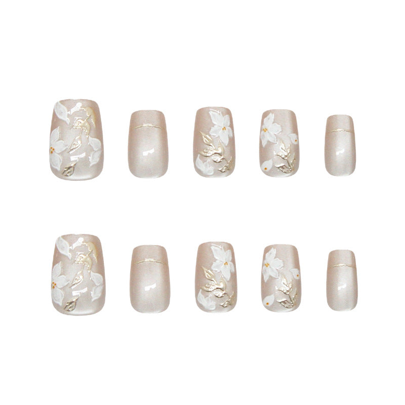 Blossom Elegance Soft Short Square Beige Nail Set with Charming Floral Detailing