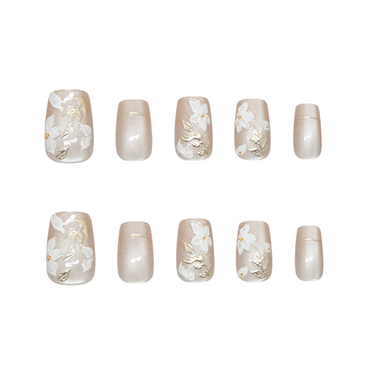 Blossom Elegance Soft Short Square Beige Nail Set with Charming Floral Detailing