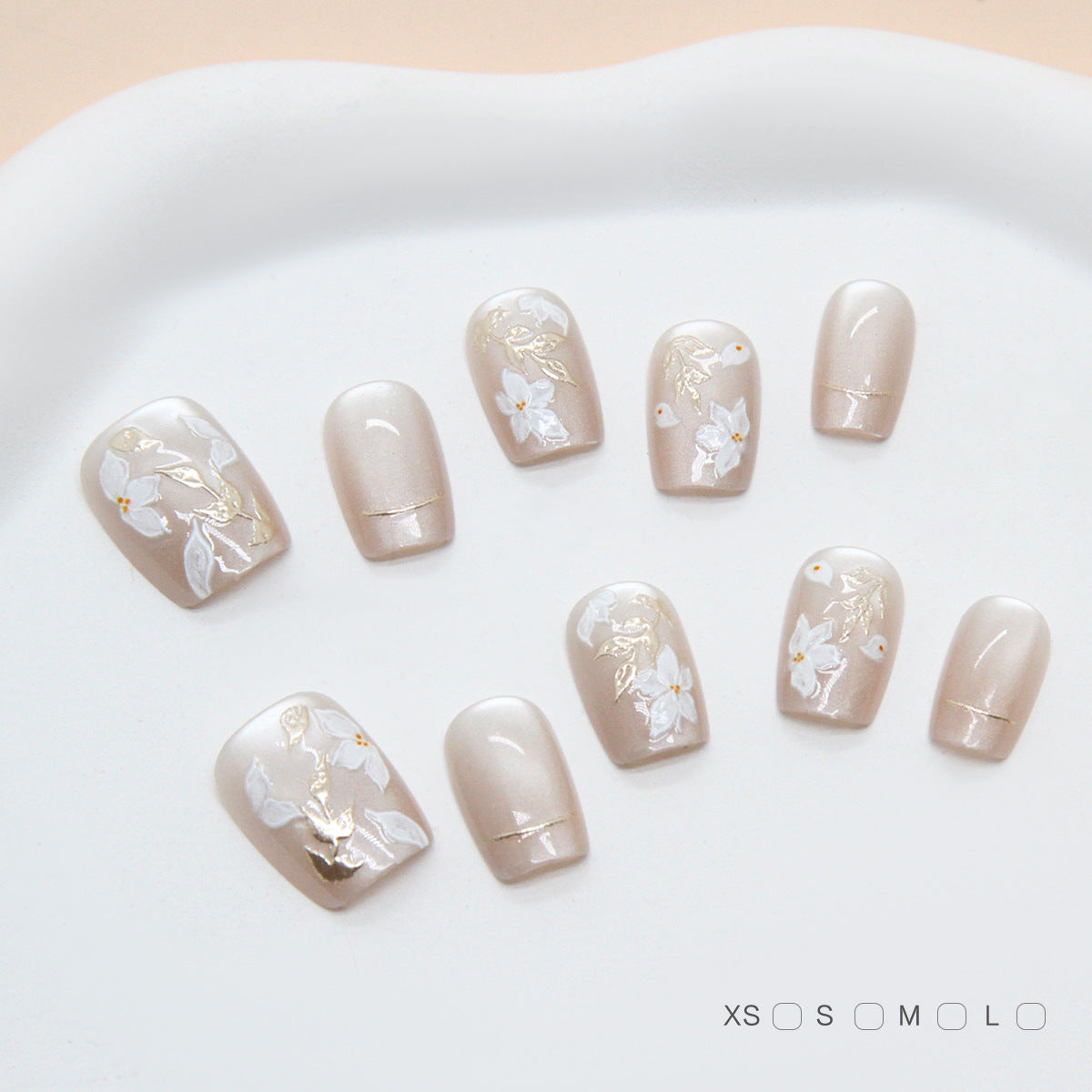 Whimsical Blossom Short Square Beige Nail Set with Elegant Floral Detailing