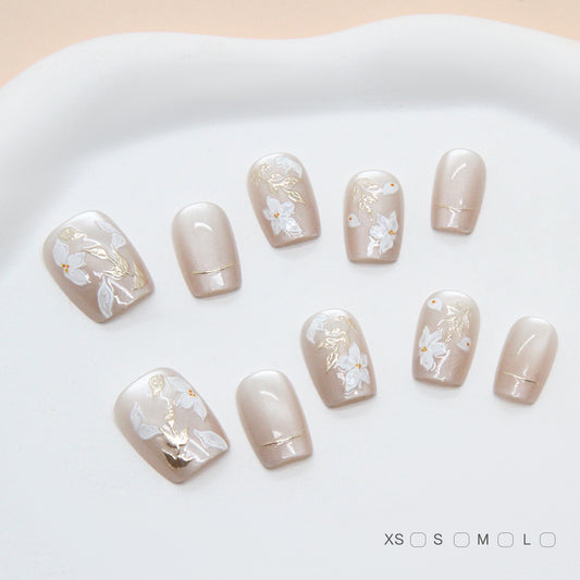 Whimsical Blossom Short Square Beige Nail Set with Elegant Floral Detailing
