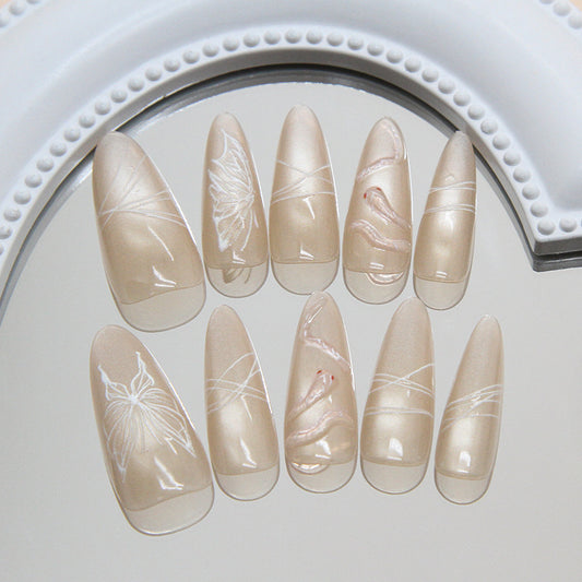 Elegant Garden Dream Long Almond Shaped Beige Press On Nail Set with Floral Art Design