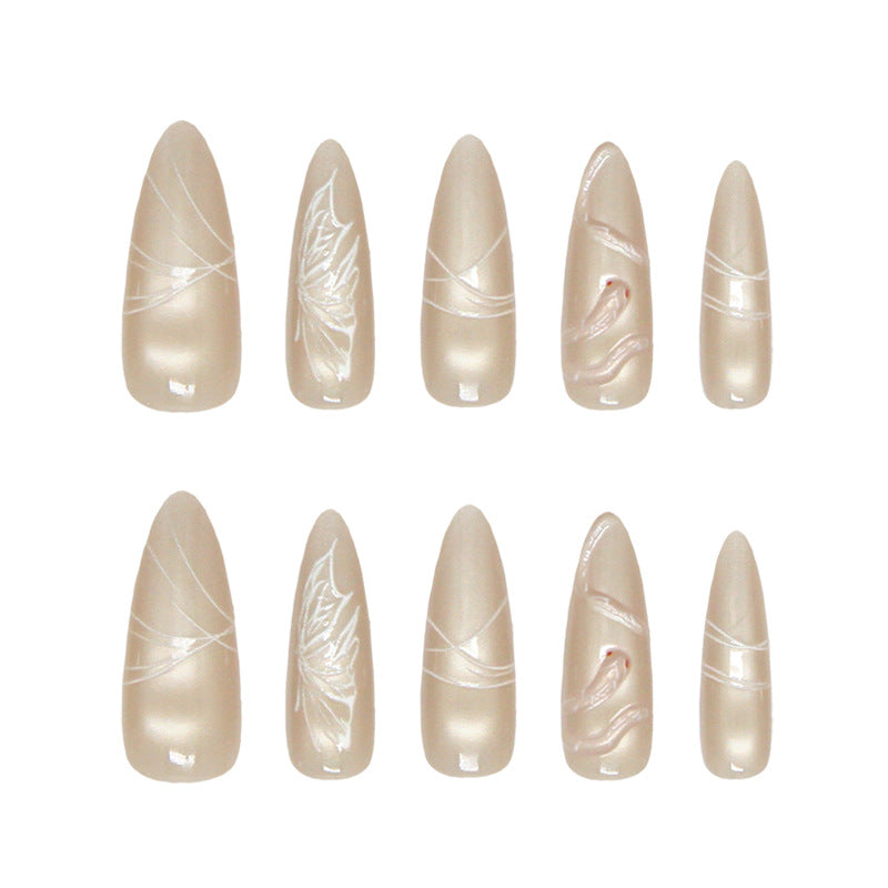 Elegance in Blossom Long Almond Shape Beige Press On Nail Set with Intricate Floral Designs