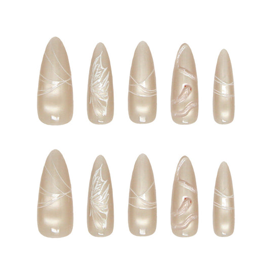 Elegance in Blossom Long Almond Shape Beige Press On Nail Set with Intricate Floral Designs