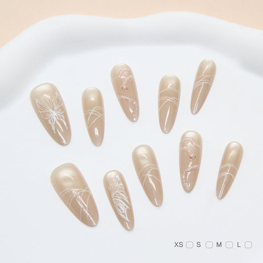 Elegant Butterfly Dreams Soft Long Almond Beige Press On Nail Set with Delicate Floral Details