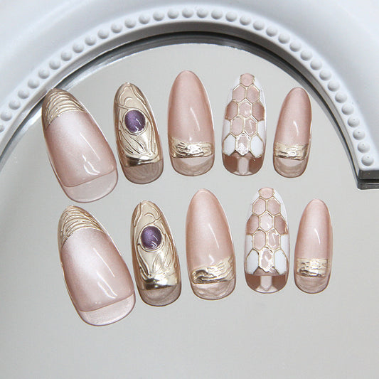 Elegant Garden Blush Short Almond Shaped Pink Press On Nails with Metallic Gold Accents and Unique Honeycomb Design