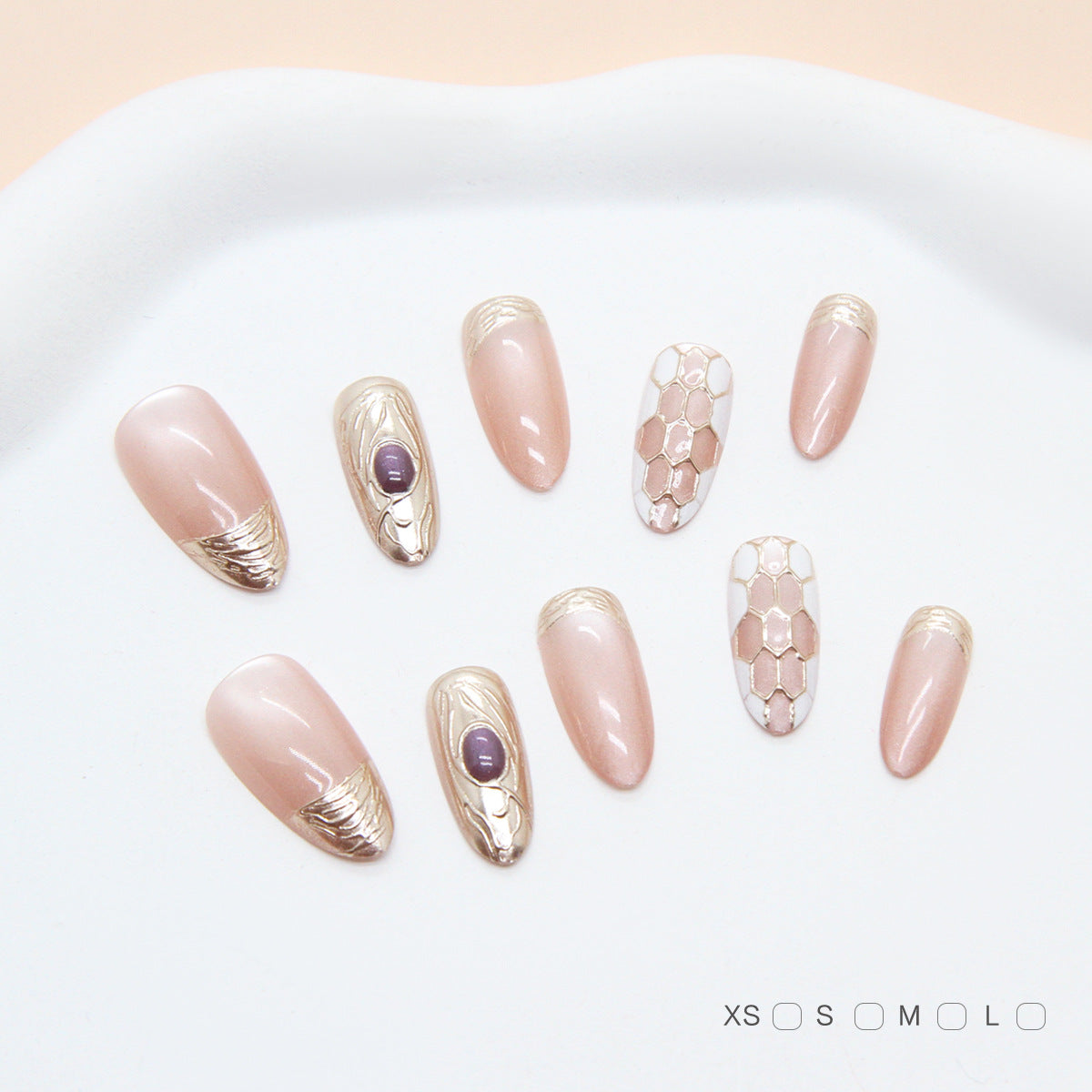 Sweet Elegance Short Almond Blush Pink Nail Set with Unique Textured Gold Accents