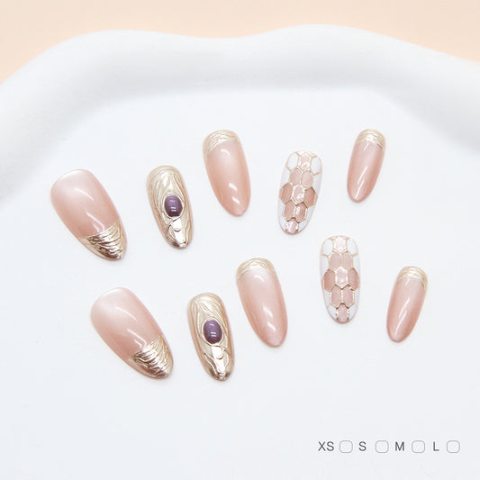 Sweet Elegance Short Almond Blush Pink Nail Set with Unique Textured Gold Accents