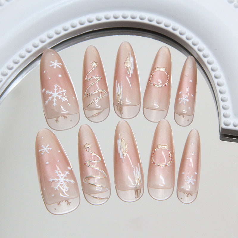 Winter Wonderland Elegant Long Almond Shape Sheer Pink with Delicate Gold Holiday Designs Press On Nail Set