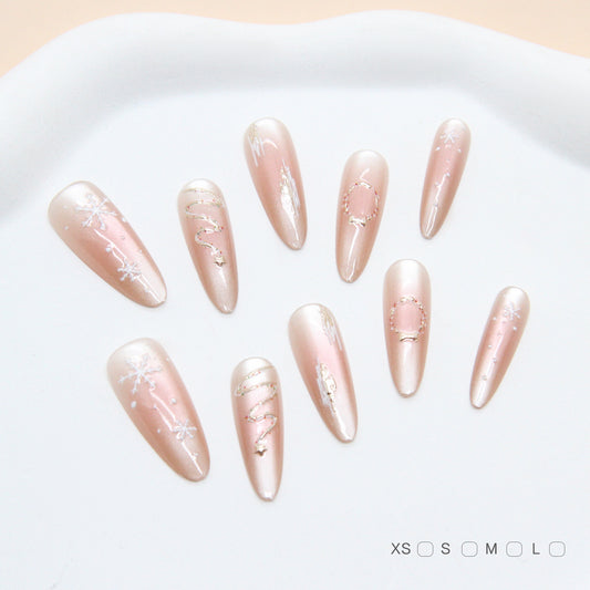 Chic Winter Wonderland Long Almond Shaped Blush Pink Press On Nail Set with Glittering Snowflake Designs
