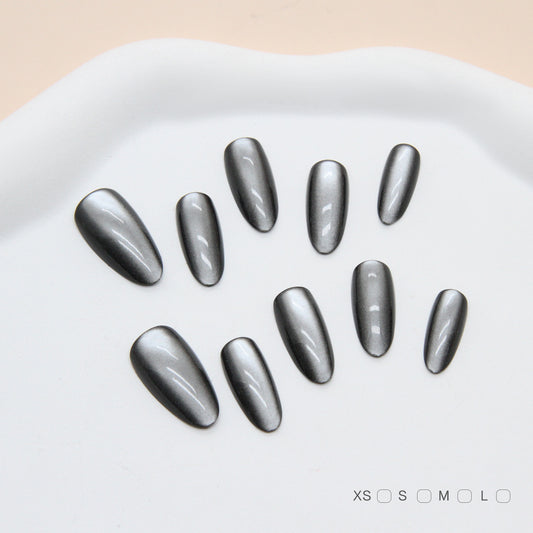 Cosmic Elegance Stunning Medium Almond Shaped Charcoal Press On Nail Set with Iridescent Finish