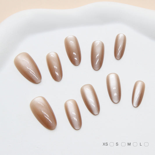 Chic Elegance Medium Almond Beige Glossy Press On Nail Set with Iridescent Finish
