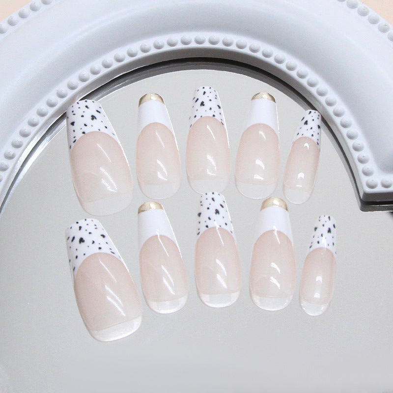 Chic Minimalist Elegance Long Coffin Shaped Clear and White with Dotted Design and Metallic Accent Press On Nail Set