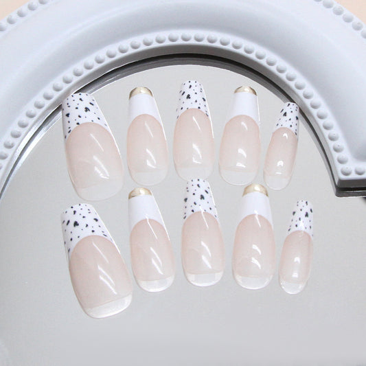 Chic Minimalist Elegance Long Coffin Shaped Clear and White with Dotted Design and Metallic Accent Press On Nail Set