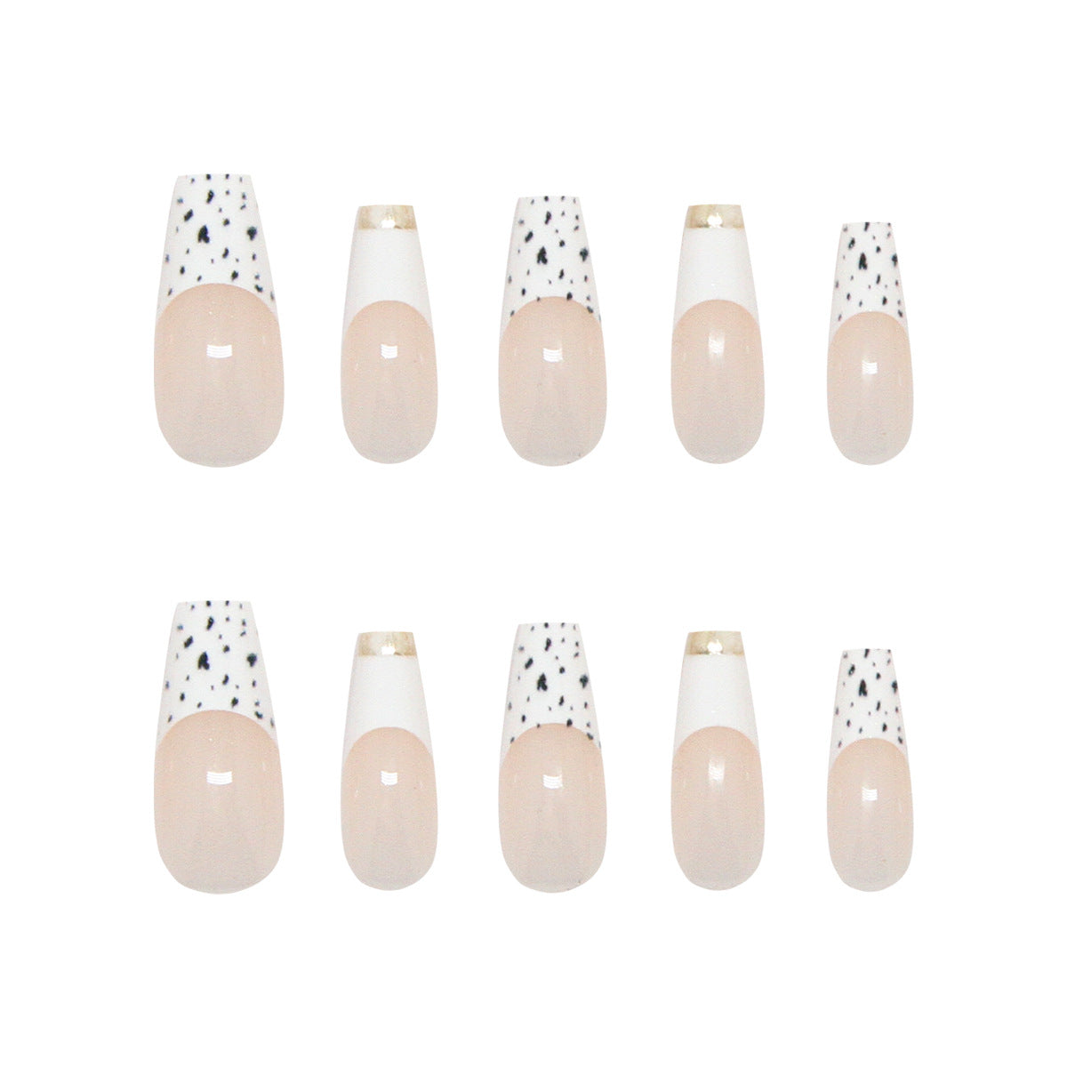 Chic Elegance Long Coffin Beige and White Press-On Nail Set with Unique Gold Tips and Playful Speckle Detail