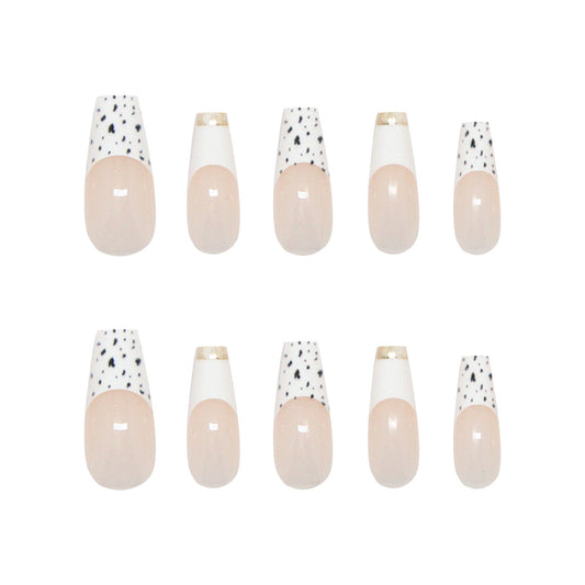 Chic Elegance Long Coffin Beige and White Press-On Nail Set with Unique Gold Tips and Playful Speckle Detail