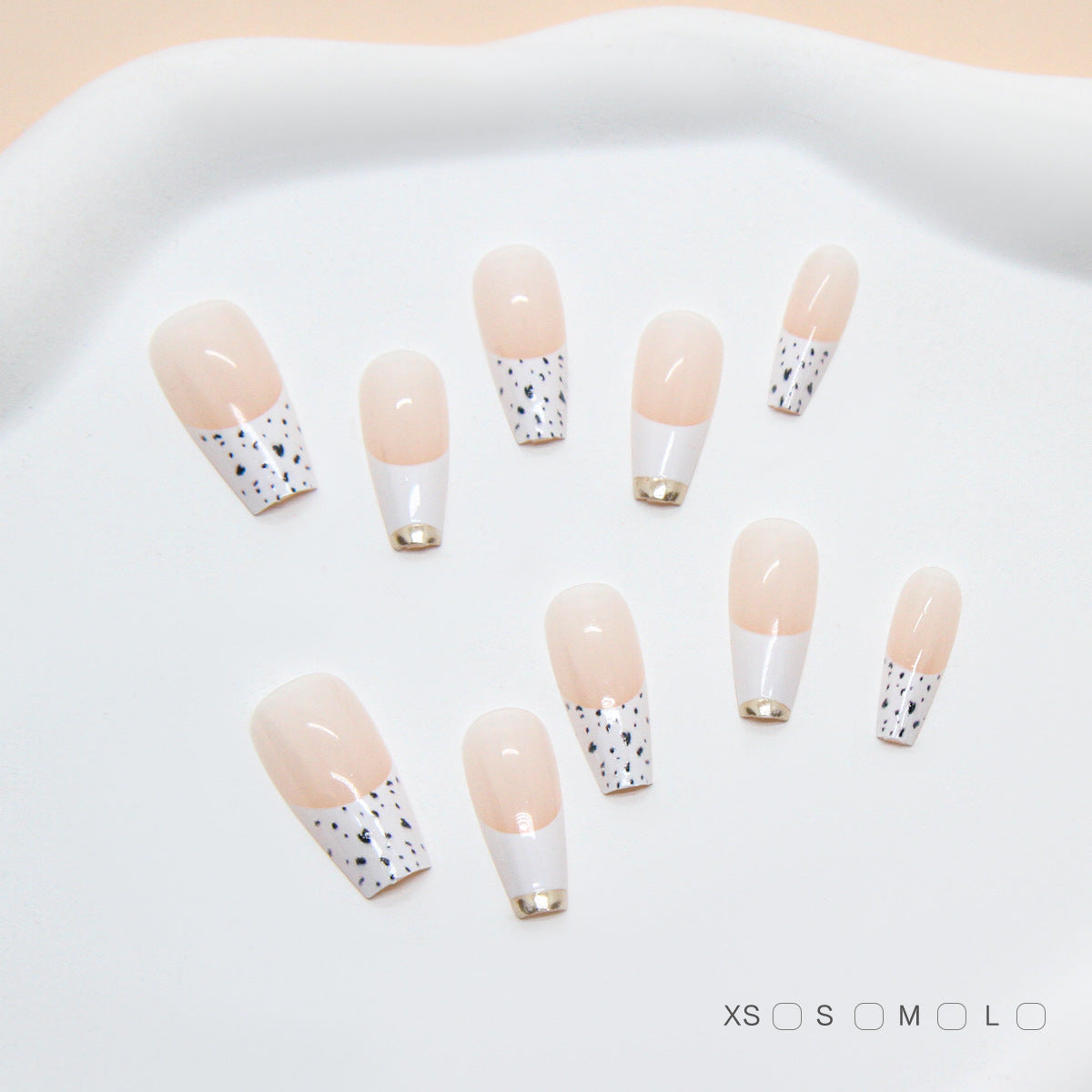 Elegant Charm Medium Coffin Blush Pink and White Nail Set with Dazzling Gold Accent