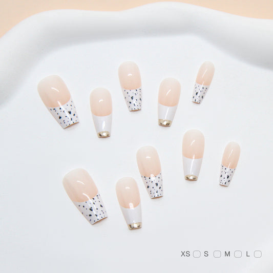Elegant Charm Medium Coffin Blush Pink and White Nail Set with Dazzling Gold Accent