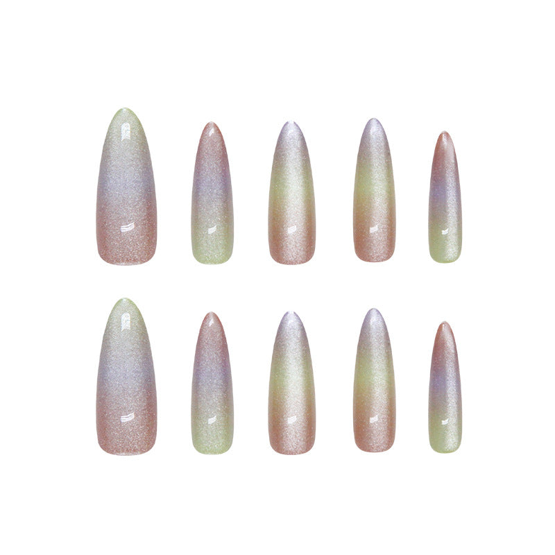 Enchanting Forest Press On Nail Set in Long Almond Shape Iridescent Green and Pink with Magical Holographic Finish