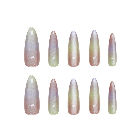 Enchanting Forest Press On Nail Set in Long Almond Shape Iridescent Green and Pink with Magical Holographic Finish