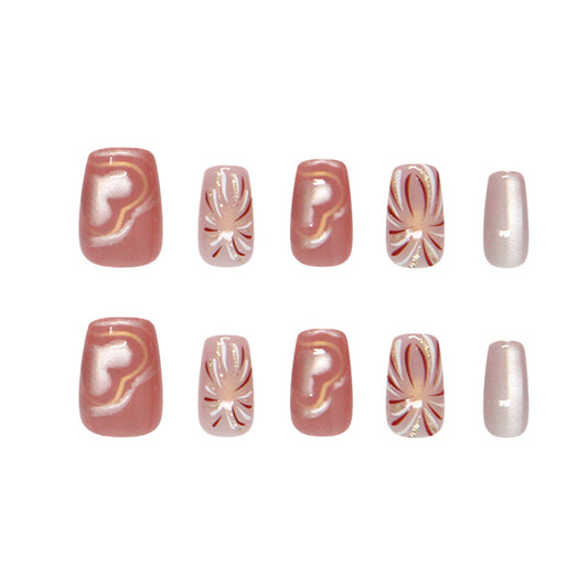 Romantic Blossom Press-On Nail Set in Short Coffin Pink with Intricate Floral Designs