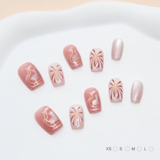Tropical Elegance Short Coffin Blush Pink Press On Nail Set with Stunning Palm Tree Designs