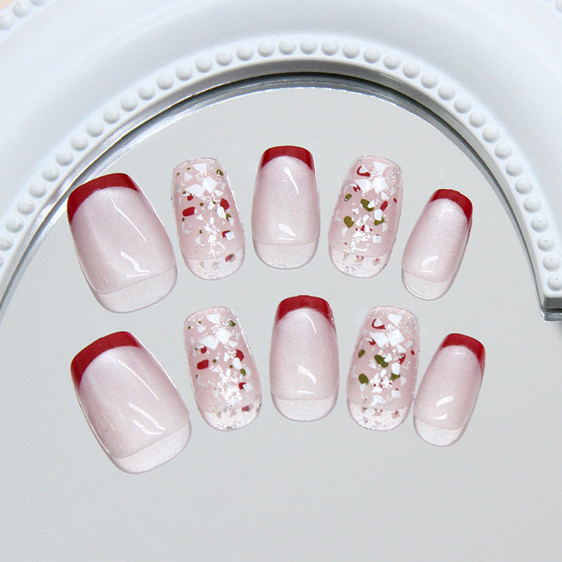 Chic Elegance Short Coffin Transparent Pink with Red Tips and Glitter Accents Press On Nail Set