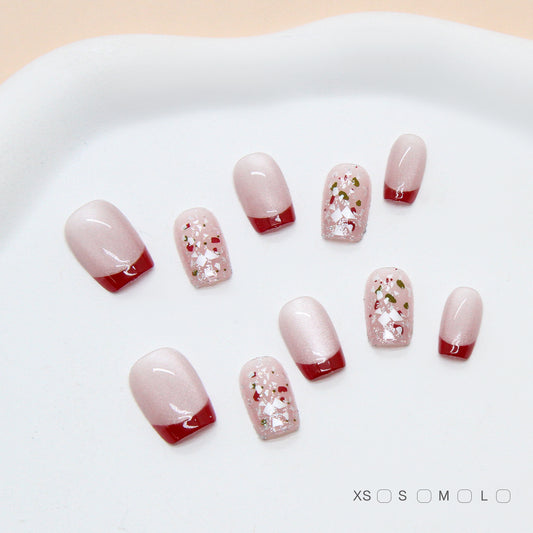 Elegant Floral Dreams Short Coffin Blush Pink Press-On Nail Set with Sparkling Glitter Accents