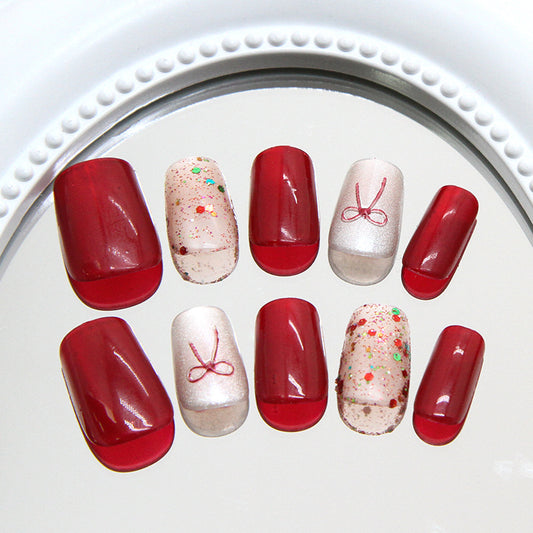 Chic Celebration Red Short Coffin Press-On Nail Set with Glitter and Bow Detail